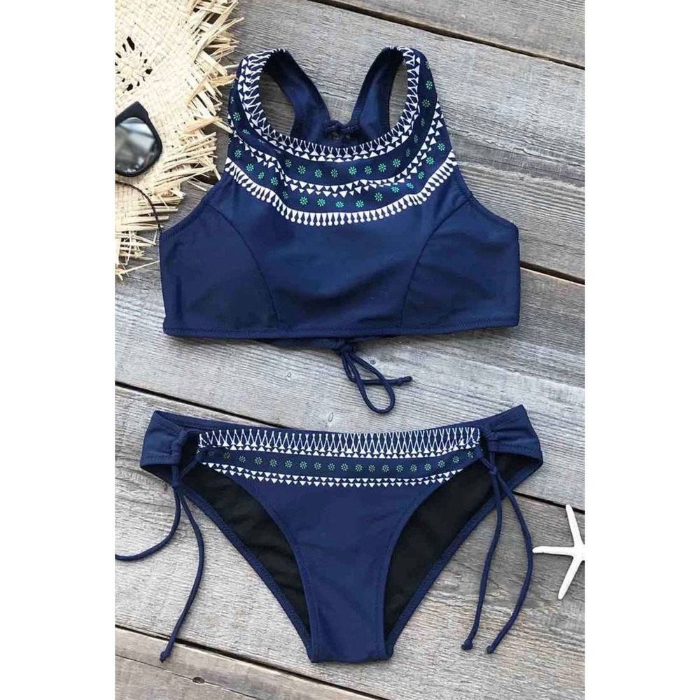 Cupshe Navy Blue Embroidered High Neck Lace Up Bikini Set Two Piece Swimsuit - Picture 2 of 11